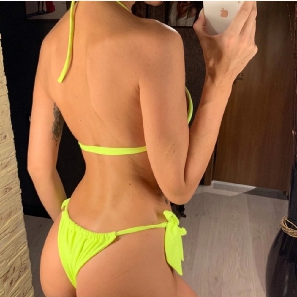 New Neon Slide Triangle Top and Slide Side Tie Bottom Bikini Set Swimsuit Size L - Picture 5 of 8